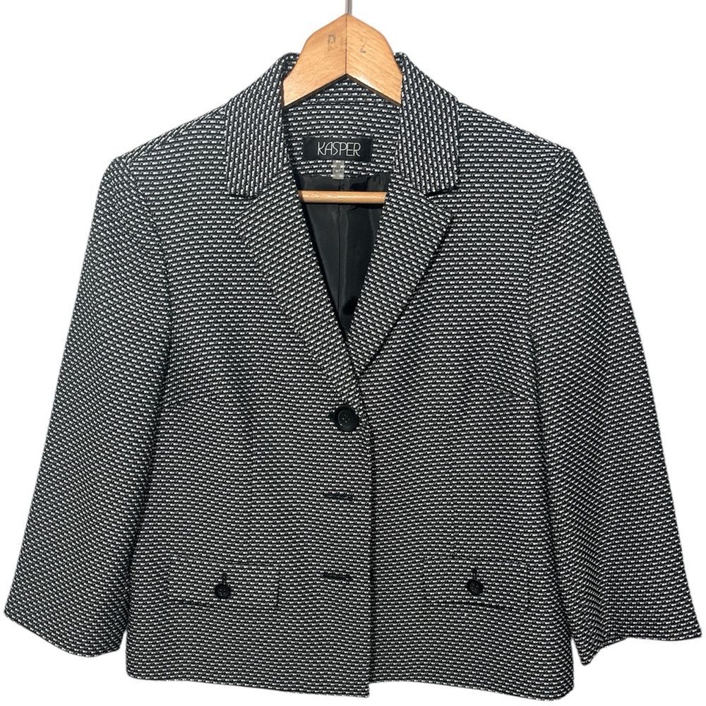 Kasper 3/4 Sleeve Blazer Jacket  Black White Geometric Size 10 Career Business